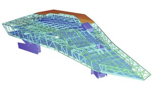  Das dreidimensionale Stahltragwerk bildet die tragende Struktur des schwebenden Baukörpers 