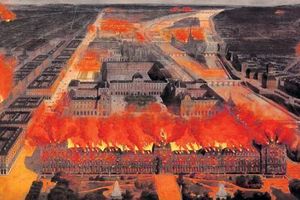  Der Palast brennt: Am Abend des 23. Mai 1871 wurde der Tuilerien-Palast von aufgebrachten Pariser Stadträten in Brand gesetzt (anonyme gouachierte Radierung) 