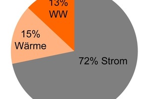  Aufteilung des Primärenergiebezugs für Strom, Heizwärme und Warmwasser des mittleren Hauses. 