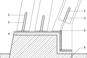  Legende Detail 1  1Metallprofil2Blech3Schweißnähte, oben4Mörtelbett mit hoher Haltbarkeit, ohne Schrumpfung verstemmt5Schweißnähte im Winkel6Harz am Dichtungspunkt 