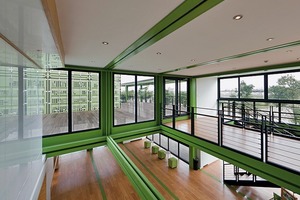  Die Unterteilung der Glasfassaden der Längswände in Schiebefenster im oberen Teil und Fixverglasungen im Brüstungsbereich erfolgt aus statischen Gründen 