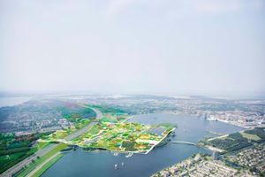 Floriade 2020 in Almere. Vision und siegreicher Wettbewerbsentwurf von MVRDV. Blick von Osten auf den Binnensee "Weerwater" mit seiner Insel "Utopia", die in Zukunft unter dem Stadtteilteppich liegt - und hoffentlich die Vision der Architekten trägt. 
