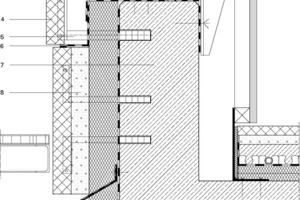  	1	Natursteinabdeckung 	2	Ankerplatte zur Revision der Verglasung	3	Mineralwolledämmung WLG 035, 		d = 12 cm, dunkel kaschiert	4	Naturstein, 4 bis 6 cm, 		polygonale Platten schräg zum Rohbau	5	Hinterlüftung, 4 cm	6	Abdichtungsbahn Innenschale	7	Stahlbetonbrüstung, d = 26 cm	8	Dämmung XOS, d = 10 cm WLG 035 