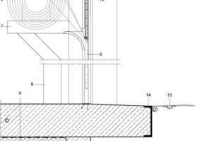  	1	Wandaufbau:		OSB-Flachpressplatte		Dämmung Mineralwolle		Stiele und Riegel im sichtbaren Bereich 		aus BS-Holz Fichte, 		im nicht sichtbaren Bereich aus 		Konstruktionsvollholz  		Gipsfaserplatte 		Unterkonstruktion Aluminium Z-Profile 		Dreischichtholzplatte Lärche	2	Holztorsturz	3	Stahlwinkel, feuerverzinkt	4	Führungsschiene für Rolltor 		mit Seitendichtung gegen Wärmeverlust 		und Zugluft	5	Holzriegel als Abdeckung	6	Wärmegedämmtes Rolltor, Aluminium	7	Auflager Rolltor, Stahlkonsole, feuerverzinkt	8	Anfahrtschutz aus Stahlrohr	9	Bodenaufbau: 		Epoxidharzbelag 		Stahlbetonbodenplatte,  		Warmwasserfußbodenheizung 		PE-Folie, in zwei Lagen 		Wärmedämmung 		Magerbeton 		Feinplanum aus Kiessand 		Ortbeton Rüttelsäulen bis auf tragfähigen Baugrund	10	Folienabdichtung, 2-fach aus dampfdiffusionsoffenem 		Polypropylen-Vlies	11	Betonrahmen Sichtbeton	12	Sturzblende, feststehend	13	umlaufende Frostschürze Sichtbeton	14	Einfassung einbetoniertes Stahlprofil, feuerverzinkt	15	Überladebrücke, seitenverschiebbar	16	LKW-Führungsrohr Stahlrohr, feuerverzinkt	17	Betonrechteckpflaster in Bettung 		auf Schottertragschicht 