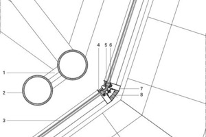  Legende Detail 4  1Stahlschlaufe, Stahl2Stahlstange, rohrförmig3Doppelverglasung mit Luftkammer4Vertikaler Außendeckel, Aluminium5Ecke mit Doppelstütze, Sandwichpaneel, Aluminium, Außenisolierung6Positionsstütze, verstellbar7Paneel, gefüllt mit Polyurthanschaum8Stahlprofil, horizontal 