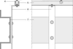  Legende Detail 6  1Äußerer Türrahmen, Stahl2Sonnenschutz, bewegliches Paneel aus blankgezogenem Stahl3Stahlrahmen4Horizontales Wälzlagersystem, PVC- Führungsschiene5U-förmige Führungsschiene6Trägersystem der Führungsschiene für bewegliche Sonnenschutzpaneele7Omega-Profil aus Stahl8U-förmige Führungsschiene für aufgehängtes PVC-Wälzlagersystem9Aufgehängtes PVC-Wälzlagersystemmit vertikaler und horizontaler Drehung 