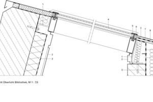  	1	Auflager Winkel	2	Zinkblech	3	Dampfsperre	4	Isolierglas	5	Deckprofile	6	Außendichtung	7	Enkamat	8	Bitumendachbahn	9	OSB-Platte 