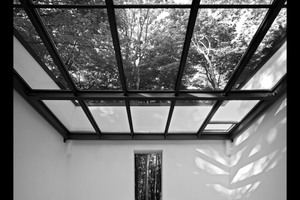  Bei Nacht strahlt die einzige Lichtquelle im Raum (der quadratische Kubus) durch das Glasdach in die Baumkronen 