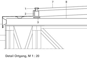  Detail Ortgang, M 1:20Legende Detail Ortgang 1Doppelkederklemmprofil2Rechteckprofil3Gleitlager4Blecheinfassung, neu5Verglasung, neu6Bogenbinder, historisch7PTFE-Membran8Stahlträger, historische Konstruktion 