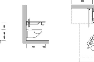  Die Sitzhöhe des WCs muss 46 bis 48 cm (inklusive Sitz) betragen. Rechts und links des WC werden Stützklappgriffe mit einem lichten Abstand zwischen den Griffen von 65 bis 70 cm angeordnet. Die Stützklappgriffe müssen so montiert werden, dass ihre Oberkante 28 cm über der WC-Sitzhöhe liegt. Die Rücken-stütze wird 55 cm hinter der Vorderkante des WC angeordnet 