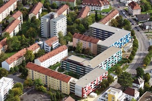  Insgesamt besteht das Josefsviertel aus drei Bauabschnitten, die in den Jahren 2008 bis 2014 gebaut wurden. Hinter den roten Fassadenverkleidungen verbergen sich rollstuhlgerechte Wohnungen 