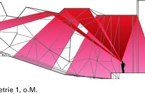  Der Architekt entwarf die Decke mit einem Winkel von etwa 11°. In der strahlengeometrischen Untersuchung ergab sich eine ungünstige Verbreitung des Schalls  