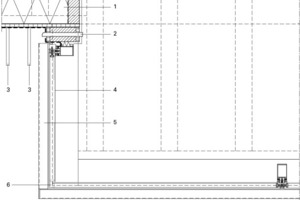  	1	Holzwand, wärmegedämmt	2	Lüftungsöffnung	3	Vertikale Lamellen, Western Red Cedar	4	Sicherheitsglas	5	Metallverkleidung	6	Glas-an-Glas-Ecke 