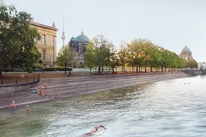  Schwimmen im Fluss: hier (links) in der Spree, am Schloss (hinten) entlang 