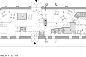  	1	Rezeption	2	Ausstellungsfläche	3	Verwaltung	4	Lager	5	Angestellten WC	6	Informationszentrum	7	Labor	8	Kaffeebar	9	Küche	10	WC	11	Foyer	12	Auditorium	13	Eingangsbereich		Künstlerwohnungen	14	Künstlerwohnung	15	Versammlungsbereich	16	Atelier 