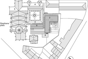  Lageplan, M 1:1500  1Eingang Mensa Steinhof2Mensa3Kreuzgangwand4St. Stephans Kirche5Pankratius Kapelle6Pfarrheim7Altes Pfarrhaus8Nebengebäude 