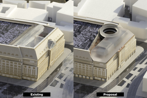  Darstellung der zukünftigen Dachlandschaft. Rechts der Glasaufbau mit offen Platz für Outdoor 