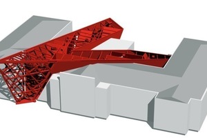  Der Neubau ist ein Stahlbetonbau mit einer Spitze als Stahlkonstruktion. Der Raum des Keils ist geschossübergreifend  