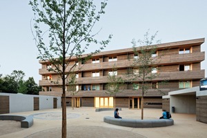  Tragwerk und Fassade bestehen fast vollständig aus Holz. Einzig die Bodenplatte sowie Sockel und Nebengebäude sind aus Stahlbeton 