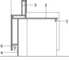  	1	Corian Glacier White auf Trägerplatte	2	Spanplatte	3	Taschenablage, Spanplatte HPL	4	Sockel, Spanplatte, alubeschichtet	5	Leuchtstoffröhre	6	Griffe	7	Auszüge 