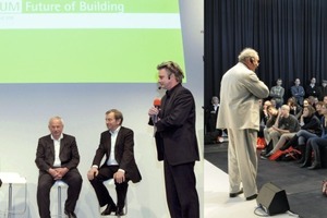  Oben, von l. n. r.: Stefan Behnisch, Prof. Dr. M. Norbert Fisch, Prof. Dr. Gerhard Hausladen, Prof. Manfred Hegger, Boris Schade-Bünsow (Bauverlag) und Volkwin Marg (gmp) vor großem Publikum im Forum „Zukunft des Bauens“ 