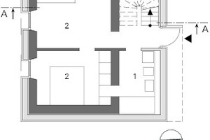  Grundriss Erdgeschoss, M 1 : 200	1	Bad	2	Zimmer	3	Wohnen/ Essen/ Kochen	4	Studio	5	Terrasse 