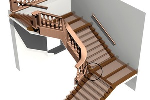  Abb. 20: Übersicht über die Treppenkonstruktion zwischen erstem und zweitem Obergeschoss. Dunkel dargestellt sind die Traghölzer, die sich in dem Treppenlauf verbergen. Der Kreis markiert den untersuchten Knotenpunkt 