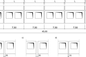  Abb. 3: Fugenbreiten bei vorherigem Aufmaß nach [1], a) Ansicht und Abmessungen der Fassade, b) Nennmaß der Fugenbreite, c) maximale Fugenbreite, d) minimale Fugenbreite 