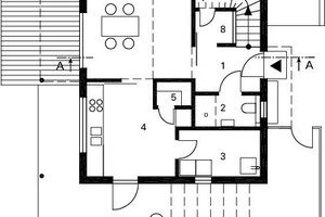  Grundriss Erdgeschoss, M 1 : 175
Legende Grundrisse&nbsp;&nbsp;1Diele2WC3Haustechnik4Kochen5Speisekammer6Wohnen/ Essen7Gast8Garderobe9Galerie10&nbsp;&nbsp;&nbsp;&nbsp; Bad11&nbsp;&nbsp;&nbsp;&nbsp; Zimmer12&nbsp;&nbsp;&nbsp;&nbsp; Luftraum13&nbsp;&nbsp;&nbsp;&nbsp; Abstellraum 