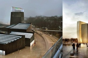  Links der Gewinner mit dunklen Holzfassaden, rechts einer der Finalisten (haas cook zemmrich STUDIO2050) mit mehr Höhe und Leuchtkraft 