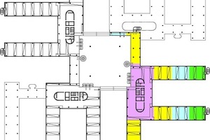  Grundriss Ebene 2, M 1 : 2 000Der Bau der HDI-Gerling Sachversicherung ist ein Stahlbetonskelettbau. Die einzelnen 6-geschossigen Bürofinger sind am zentralen Atrium angeschlossen. Die Aussteifung des oberirdischen Komplexes erfolgt allein über die zentralen Erschließungskerne. Die Obergeschossdecken sind als Stahlbetonflachdecken mit Dicken zwischen 30 bzw. 50 cm konzipiert. Die Regeldecken werden quer zur Spannrichtung der Bürofinger und anderer Bereiche mit großen Spannweiten zur Begrenzung der Durchbiegung mittels Monolitzen ohne Verbund vorgespannt 