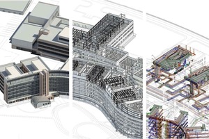  Neben der Architektur (links) und der Tragwerksplanung (mitte) wurde auch die Technische Ausrüstung (rechts) des Neubaus modellbasiert und integrativ auf Basis von Building Information Modeling entwickelt 