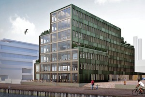  H7: Nach den Plänen des Architekten Andreas Heupel entsteht derzeit im Stadthafen Münster ein 7-geschossiges Büro- und Verwaltungsgebäude. Das H steht hierbei für die innovative Holz-Hybridbauweise. Die 7 für die realisierte Geschossanzahl. Damit handelt es sich um das höchste Gebäude dieser Art in NRW. Nach aktuell gültiger Landesbauordnung sind brennbare Baustoffe im Tragwerk nur bei Gebäuden mit max. drei Geschossen zugelassen. Mit einem hybriden Tragwerkskonzept – hier Holz in Verbindung mit Stahlbeton – konnte dieser Vorschrift jedoch intelligent Rechnung getragen werden 