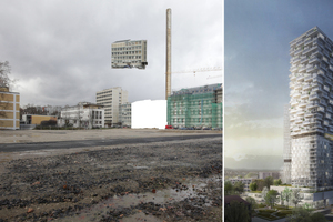  Links: der Bauplatz demnächst mit einer Fehlstelle im Bestand. Rechts: der Hybrid-Tower ab 2019 