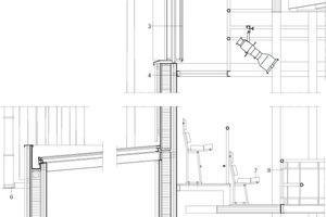  Fassadendetail, M 1 : 50	1	Dachaufbau:		PVC-Dachbahn		Hartdämmung		Dampfsperre		Schichtholz	2	Negativvolumen für natürliche Belüftung	3	2-fach-Verglasung mit motorisierter, transluzenter Textilverschattung	4	gebogenes Stahlblech aus verzinktem Stahl	5	oberes Auflager mit Spanngurt für 12 bzw. 8 m Bambuslatten	6	Auflager aus verzinkten Platten mit Spanngurt für 12 m Bambuslatten		Abstandshalter für Entwässerung	7	Stuhlreihe im Auditorium 		3-lagiges Lärchenholz	8	Verzinktes Stahlgeländer mit Eichenholz ausgefacht		LED Beleuchtung	9	Wandaufbau:		Latten aus unbehandeltem Lärchenholz 45° 40 mm  		wasserdichte Vliesbeschichtung  		Schichtholz für Zinkrinne mit lackierter Aluminiumkappe 2 x 15  mm 		Dämmung 149 mm in Rahmen aus Kieferholz mit Dampfsperre 		Band akustische Entkopplung		Brettschichtholz 190 mm, vakuumgepresst für gebogene Form	10	Abdichtungsbahn gegen Stahlbetonsockel und Kompaktdämmung	11	Bodenaufbau:		sechseckiges Hirnholz aus Eiche auf Estrich		Betonplatte		Dämmung 150 mm		Spundwände mit Beton		Dämmung 150 mm		Abdichtungsbahn		Umfassungswand 200 mm 