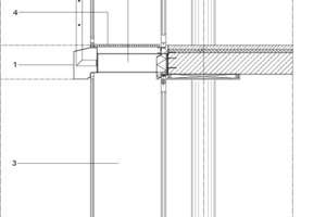  	1	Aluminium-Kantblech 	2	IPE 270 thermisch getrennt	3	Conmfort-Fassade: 		Schiebedrehsystem SL 25 XXL, 		10 mm ESG, Flügelhöhe 2,97 m		Glas-Faltwand SL 65, 		Holzart:europäische Eiche	4	Gitterroste	5	Isolierung Rc = 2,05 m²/W, 		Aluminiumblechverkleidung 