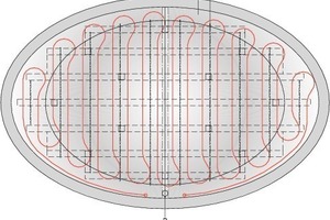  Legende Detail Pebble 1Edelstahlblech, gelocht als Kiesauflage(mit angeschweißten unterseitigenFlachstählen für Druckübertragung auf den Boden)2Ablaufventil3Warmwasserheizleitung4Kiesschüttung, 9 cm Höhe5Auflage aus Corian6GFK Formteile, befestigt anEdelstahlkonstruktion7Justierbare Schraubfüße8Unterkonstruktion Edelstahl-Rechteckprofil, 40 mm 