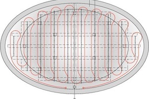  Legende Detail Pebble 1Edelstahlblech, gelocht als Kiesauflage(mit angeschweißten unterseitigenFlachstählen für Druckübertragung auf den Boden)2Ablaufventil3Warmwasserheizleitung4Kiesschüttung, 9 cm Höhe5Auflage aus Corian6GFK Formteile, befestigt anEdelstahlkonstruktion7Justierbare Schraubfüße8Unterkonstruktion Edelstahl-Rechteckprofil, 40 mm 