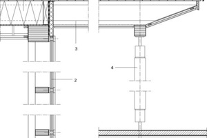  	1	Dachaufbau		Gründach auf Kiesbett D = 80 mm		Dachabdichtung 5 mm		Rauspundschalung 40 mm		Zellulosedämmung WLG 040/Träger 360 mm		U-Wert = 0,107 W/m²K		Dampfbremse 1 mm	2	Pfosten-Riegel-Fassade		Holzfenster mit Purenitdämmkern und 3-fach-Wärmeschutz-			verglasung		Ansichtsbreite 76 mm		UGlas   = 0,54 W/m²K		URahmen = 0,78 W/m²K		g-Wert = 0,52	3	Dokaträger durchlaufend		Insektenschutz		Faserzementtafel, hinterlüftet		Wandanschlusspaneel U = 0,85 W/m²K	4	Stütze ø 16 BS II 