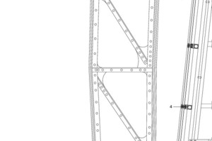  Detail, M 1 : 25Die Stahlprofile  wurden mit dem Kran zwischen historischen Stahlträgern und Baugerüst eingefädelt und als Pfosten-Riegel-Konstruktion zu einem 4 500 m² großen Gitternetz zusammengeschweißt 