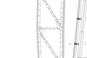  Detail, M 1 : 25Die Stahlprofile  wurden mit dem Kran zwischen historischen Stahlträgern und Baugerüst eingefädelt und als Pfosten-Riegel-Konstruktion zu einem 4 500 m² großen Gitternetz zusammengeschweißt 