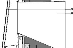  Detail Dachschnitt, vertikal, M 1 : 15	1	Decke, Europäische Eiche 	2	Stahlkonstruktion IPE	3	Dachdeckung aus Sperrholz ,wasserbeständig		4	Fassade Hartholz	5	Fassadenverkleidung; Einscheibensicherheitsglass 	6	Oberlicht 