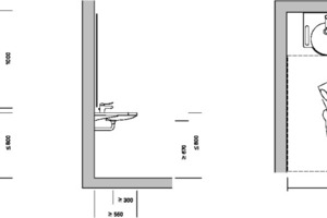  Damit der Waschtisch mit dem Rollstuhl unterfahrbar ist, muss zwischen Boden und der Waschtischunterseite ein Abstand von 67 cm in einer Tiefe von 30 cm eingehalten werden. Um zu verhindern, dass sich die sitzende Person durch im Siphon angesammeltes heißes Wasser oder Anstoßen verletzt, wird ein Unterputz- oder Flachaufputzsiphon verwendet 