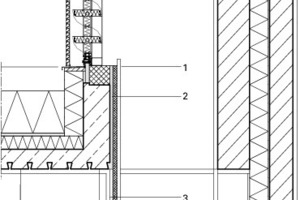  Attikadetail, M 1 : 331/3Legende Detail Attika 1Glasgranulatplatte mit Akustzikputzbeschichtung 2Metallunterkonstruktion, am Beton befestigt 3Verstärkung der Abhängung der CD-Profile 4Leuchte 5Zusätzliches CD-Profil als Unterkonstruktion der Leuchte 