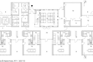  Grundriss Erdgeschoss, M 1 : 333 1/3 	1	Flur	2	Kinderwagen	3	Personal 		Besprechung	4	Terrasse	5	Büro	6	Büro Leitung	7	Lager	8	Essen	9	Foyer	10	Bewegungsraum	11	Geräteraum	12	Intensivraum	13	Technik	14	Heizung	15	Schlaf-/Intensivraum	16	Kleinkindgruppe unten	17	Wickeln/WC	18	Garderobe	19	Elternwartebereich	20	Kleinkindgruppe oben	21	Küche	22	Dachterrasse	23	Regelgruppe oben	24	Hortgruppe	25	Luftraum	26	Raum der Stille	27	Personalraum 