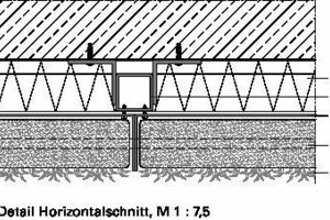  	1	Bewässerungsanlage	2	Zinkblech, Propylenharzbeschichtung	3	Kies, Bitumenbahn	4	Begrünte Fassade	5	Zinkblech	6	Dämmung	7	Hohlprofil 