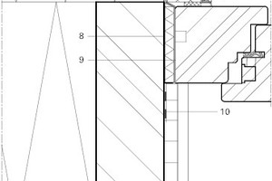  Abb. 5 (rechts): Fensteranschluss horizontal mit Alu-Fensterbank, seitlich mit Kork, Fenster bündig, seitl. hochgeführte Dicht- und Anschlussbahnen 