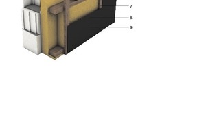  Wandaufbau der tragenden Außenwand: Bestand mit aufgebrachter hinterlüfteter Plattenbekleidung	1	Gipsputz	2	Bimshohlblockstein	3	Bestandsputz	4	vertikale Grundlattung	5	Gefachdämmung	6	horizontale Konterlattung	7	vertikale Traglattung	8	Winddichtungsfalle	9	Plattenbekleidung 