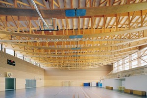  Ein Raumfachwerk aus Holz trägt das Gründach. Das Holzfachwerk liegt im Norden auf einer Betonwand auf, während im Süden 11 Furnierschichtholzstützen das Dach tragen 