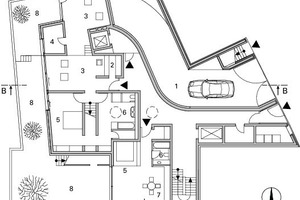  Grundriss Erdgeschoss, M 1 : 333 1/3Legende Grundrisse Erdgeschoss bis 2. Obergeschoss  1Rampe Tiefgarage2Garderobe3Wohnen4Arbeiten5Schlafen6Bad7Küche8Terrasse9Eingang10     Kochen/ Essen11     Patio12     Innenhof13     Ankleide14     Kammer15     Studio16     Luftraum  